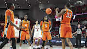 Feb 4, 2025; Houston, Texas, USA; Oklahoma State Cowboys guard Khalil Brantley (5) reacts after a play during the first half against the Houston Cougars at Fertitta Center. Mandatory Credit: Troy Taormina-Imagn Images