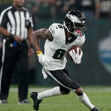 Sep 6, 2024; Sao Paulo, BRA; Philadelphia Eagles wide receiver DeVonta Smith (6) runs after a catch during the first quarter against the Green Bay Packers at Neo Quimica Arena. 