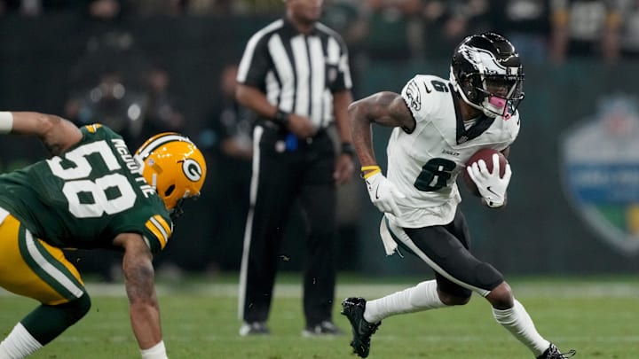 Sep 6, 2024; Sao Paulo, BRA; Philadelphia Eagles wide receiver DeVonta Smith (6) runs after a catch during the first quarter against the Green Bay Packers at Neo Quimica Arena. 