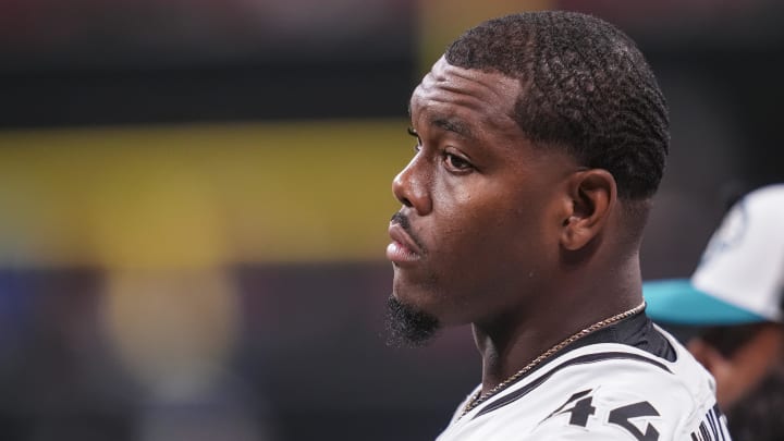 Aug 23, 2024; Atlanta, Georgia, USA; Jacksonville Jaguars defensive end Travon Walker (44) on the sideline during the game against the Atlanta Falcons during the second half at Mercedes-Benz Stadium. Mandatory Credit: Dale Zanine-USA TODAY Sports