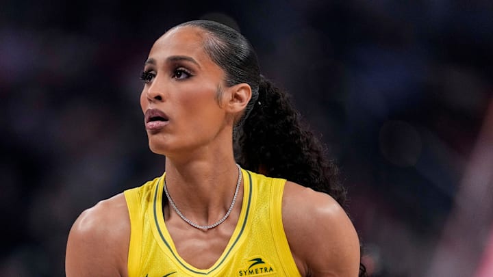 Seattle Storm's Skylar Diggins (4) competes Friday, July 18, 2025, during the WNBA All-Star skills contest at Gainbridge Fieldhouse in Indianapolis.