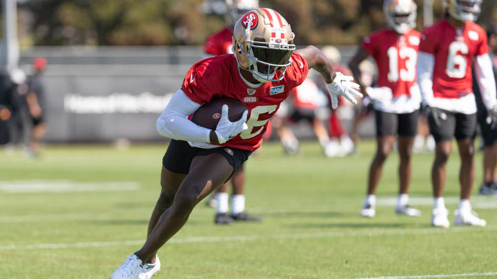 Jul 27, 2022; Santa Clara, CA, USA; San Francisco 49ers wide receiver Danny Gray (86) runs with the football during Training Camp at the SAP Performance Facility near Levi Stadium. Mandatory Credit: Stan Szeto-USA TODAY Sports