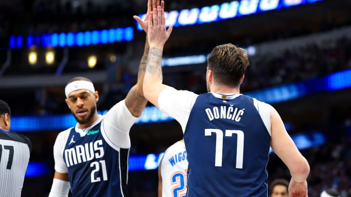 Feb 10, 2024; Dallas, Texas, USA; Dallas Mavericks guard Luka Doncic (77) celebrates with Dallas