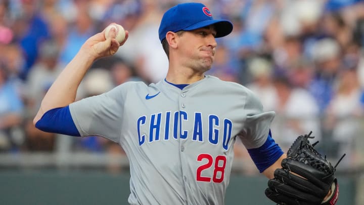 Jul 26, 2024; Kansas City, Missouri, USA;  Chicago Cubs starting pitcher Kyle Hendricks (28) delivers a pitch against the Kansas City Royals in the first inning at Kauffman Stadium.