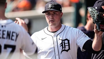 Detroit Tigers pitcher Tarik Skubal (29) high-fives teammate in the dugout after pitching sixth inning against Cleveland Guardians at Comerica Park in Detroit on Thursday, Sept. 18, 2025.