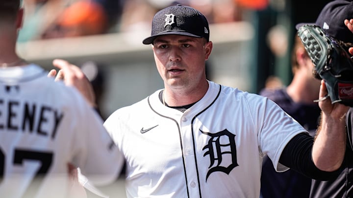 Detroit Tigers pitcher Tarik Skubal (29) high-fives teammate in the dugout after pitching sixth inning against Cleveland Guardians at Comerica Park in Detroit on Thursday, Sept. 18, 2025.