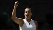 Aryna Sabalenka reacts to a point during her match against Amanda Anisimova in the women's semifinal at Wimbledon.