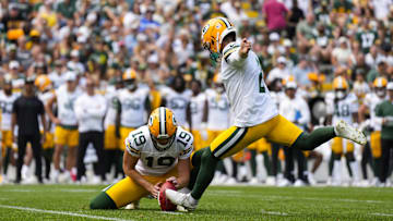 Aug 24, 2024; Green Bay, Wisconsin, USA;  Green Bay Packers kicker Greg Joseph (2) during the game against the Baltimore Ravens at Lambeau Field. Mandatory Credit: Jeff Hanisch-Imagn Images