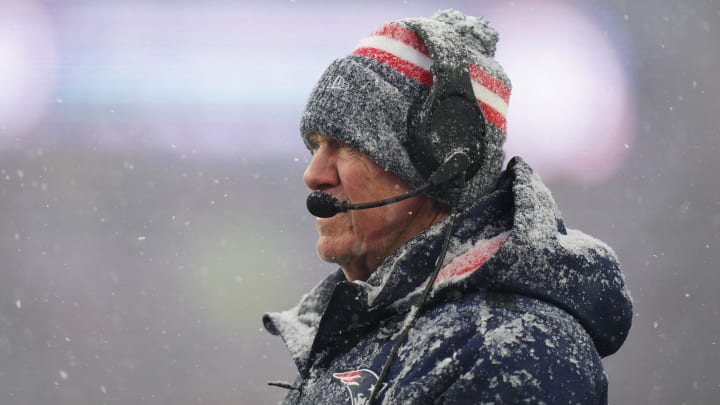 Jan 7, 2024; Foxborough, Massachusetts, USA; New England Patriots head coach Bill Belichick watches from the sideline as they take on the New York Jets at Gillette Stadium.