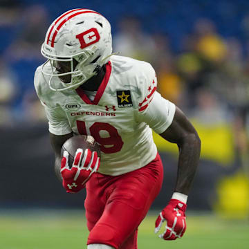 Mar 31, 2024; San Antonio, TX, USA;  DC Defenders wide receiver Ty Scott (19) runs the ball in the second half against the San Antonio Brahmas at The Alamodome.