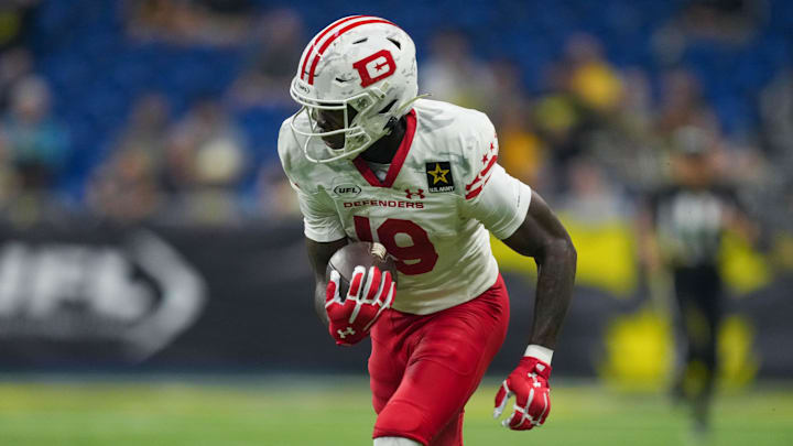 Mar 31, 2024; San Antonio, TX, USA;  DC Defenders wide receiver Ty Scott (19) runs the ball in the second half against the San Antonio Brahmas at The Alamodome.