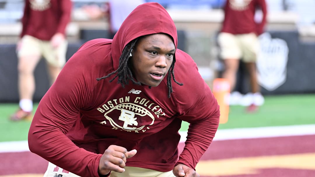Aug 30, 2025; Chestnut Hill, Massachusetts, USA; Boston College Eagles offensive lineman Jude Bowry (71) warms up before a game against the Fordham Rams at Alumni Stadium. Mandatory Credit: Eric Canha-Imagn Images
