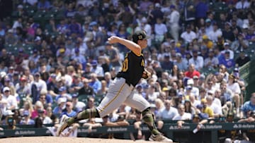 May 17, 2024; Chicago, Illinois, USA; Pittsburgh Pirates pitcher Paul Skenes (30) throws the ball against the Chicago Cubs during the first inning at Wrigley Field. Mandatory Credit: David Banks-Imagn Images