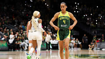 Aug 5, 2025; Seattle, Washington, USA; Seattle Storm guard Skylar Diggins (4) prepares for the start of play during the second half against the Minnesota Lynx at Climate Pledge Arena. 