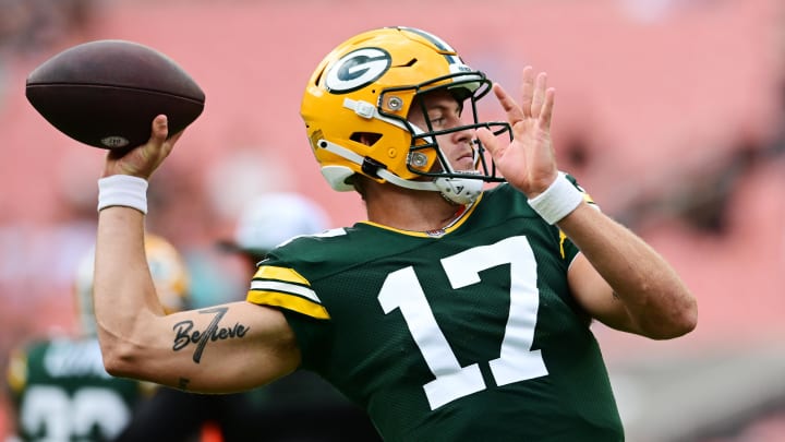 Aug 10, 2024; Cleveland, Ohio, USA; Green Bay Packers quarterback Michael Pratt (17) warms up before the game between the Packers and the Cleveland Browns at Cleveland Browns Stadium. Mandatory Credit: Ken Blaze-USA TODAY Sports