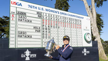 Jun 6, 2021; San Francisco, California, USA; Yuka Saso hoists the US Open trophy after winning in a
