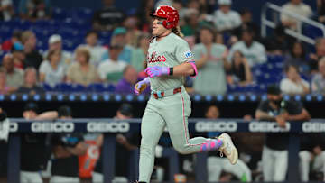 Sep 5, 2025; Miami, Florida, USA; Philadelphia Phillies center fielder Harrison Bader (2) circles the bases after hitting a home run against the Miami Marlins during the fourth inning at loanDepot Park. 