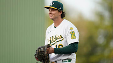 Apr 23, 2025; West Sacramento, California, USA; Athletics first baseman Nick Kurtz (16) stands on the field before the start of the game against the Texas Rangers at Sutter Health Park. Mandatory Credit: Cary Edmondson-Imagn Images