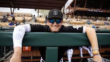Mar 1, 2023; Phoenix, Arizona, USA; Chicago White Sox infielder Colson Montgomery against the Cleveland Guardians during a spring training game at Camelback Ranch-Glendale. Mandatory Credit: Mark J. Rebilas-Imagn Images