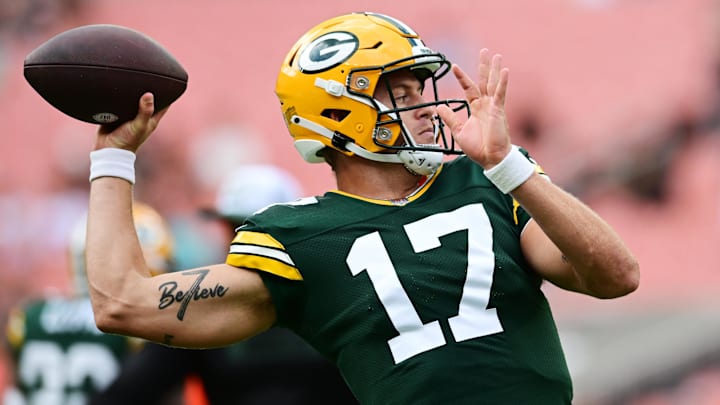Aug 10, 2024; Cleveland, Ohio, USA; Green Bay Packers quarterback Michael Pratt (17) warms up before the game between the Packers and the Cleveland Browns at Cleveland Browns Stadium. Mandatory Credit: Ken Blaze-Imagn Images