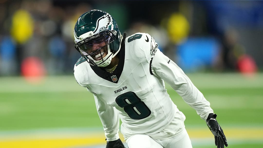 Dec 8, 2025; Inglewood, California, USA; Philadelphia Eagles cornerback Adoree' Jackson (8) reacts against the Los Angeles Chargers in the first half at SoFi Stadium. Mandatory Credit: Kirby Lee-Imagn Images