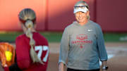 Oklahoma coach Patty Gasso looks on during the Sooners' Battle Series.