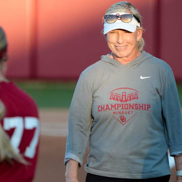 Oklahoma coach Patty Gasso looks on during the Sooners' Battle Series.
