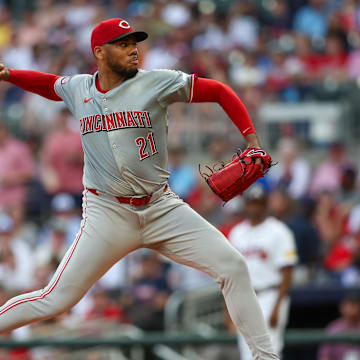 Jul 22, 2024; Atlanta, Georgia, USA; Cincinnati Reds starting pitcher Hunter Greene (21) throws against the Atlanta Braves in the second inning at Truist Park. Mandatory Credit: Brett Davis-Imagn Images