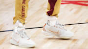 Feb 10, 2024; Toronto, Ontario, CAN; A general view of the basketball shoes of Cleveland Cavaliers guard Sam Merrill (5) during the pregame warmup against the Toronto Raptors at Scotiabank Arena. Mandatory Credit: Nick Turchiaro-Imagn Images