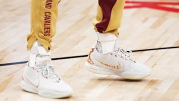 Feb 10, 2024; Toronto, Ontario, CAN; A general view of the basketball shoes of Cleveland Cavaliers guard Sam Merrill (5) during the pregame warmup against the Toronto Raptors at Scotiabank Arena. Mandatory Credit: Nick Turchiaro-Imagn Images