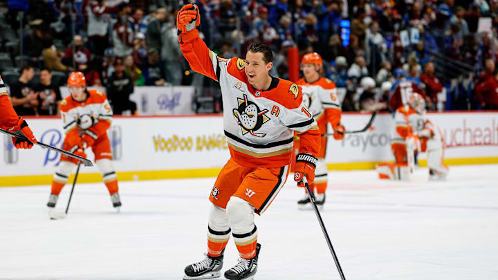 Jan 21, 2026; Denver, Colorado, USA; Anaheim Ducks center Ryan Strome (16) before the game against the Colorado Avalanche at Ball Arena. Mandatory Credit: Isaiah J. Downing-Imagn Images
