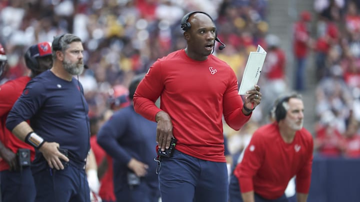 Oct 1, 2023; Houston, Texas, USA; Houston Texans head coach DeMeco Ryans on the sideline during the game against the Pittsburgh Steelers at NRG Stadium. Mandatory Credit: Troy Taormina-Imagn Images
