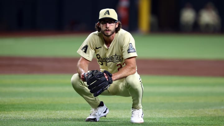 Jul 9, 2024; Phoenix, Arizona, USA; Arizona Diamondbacks pitcher Zac Gallen reacts against the Atlanta Braves at Chase Field. Mandatory Credit: Mark J. Rebilas-USA TODAY Sports