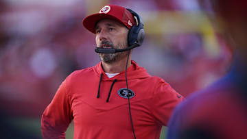 Oct 23, 2022; Santa Clara, California, USA; San Francisco 49ers head coach Kyle Shanahan reacts after the 49ers lost a fumble against the Kansas City Chiefs in the fourth quarter at Levi's Stadium. Mandatory Credit: Cary Edmondson-Imagn Images