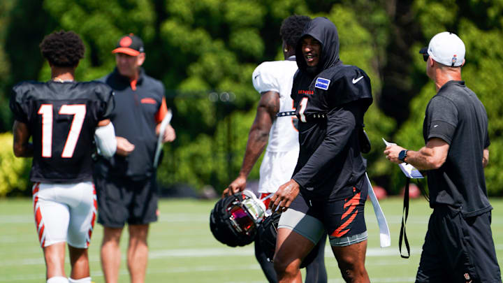 Cincinnati Bengals wide receiver Ja'Marr Chase (1) walks on the field to start his drills, Thursday, Sept. 5, 2024, at the Kettering Health Practice Fields outside of Paycor Stadium in Cincinnati.