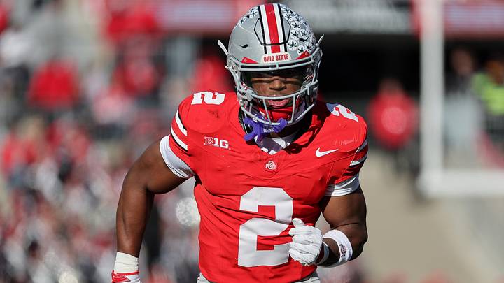 Nov 22, 2025; Columbus, Ohio, USA; Ohio State Buckeyes safety Caleb Downs (2) runs against the Rutgers Scarlet Knights during the third quarter at Ohio Stadium. Mandatory Credit: Joseph Maiorana-Imagn Images