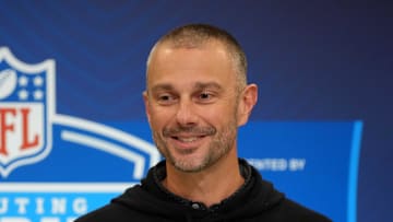 Feb 25, 2025; Indianapolis, IN, USA; Las Vegas Raiders general manager John Spytek speaks during the NFL Scouting Combine at the Indiana Convention Center. Mandatory Credit: Kirby Lee-Imagn Images