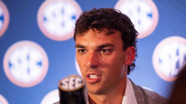 Auburn quarterback Payton Thorne speaking to the media at Omni Dallas Hotel