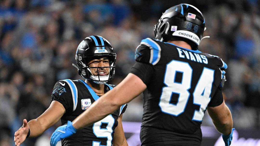 Oct 4, 2026; Charlotte, North Carolina, USA; Carolina Panthers quarterback Bryce Young (9) and tight end Mitchell Evans (84) celebrate after a touchdown by running back Chuba Hubbard (not pictured) during the third quarter at Bank of America Stadium. Mandatory Credit: Bob Donnan-Imagn Images Oct 4, 2026; Charlotte, North Carolina, USA; Carolina Panthers quarterback Bryce Young (9) and tight end Mitchell Evans (84) celebrate after a touchdown by running back Chuba Hubbard (not pictured) during the third quarter at Bank of America Stadium. Mandatory Credit: Bob Donnan-Imagn Images