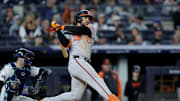 Sep 25, 2024; Bronx, New York, USA; Baltimore Orioles right fielder Anthony Santander (25) follows through on an RBI double against the New York Yankees during the fourth inning at Yankee Stadium. Mandatory Credit: Brad Penner-Imagn Images