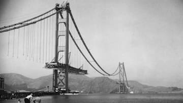 The Golden Gate Bridge under construction.