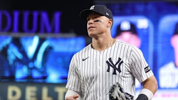 May 2, 2025; Bronx, New York, USA; New York Yankees right fielder Aaron Judge (99) runs in from the field after the top of the eighth inning against the Tampa Bay Rays at Yankee Stadium. Mandatory Credit: Vincent Carchietta-Imagn Images