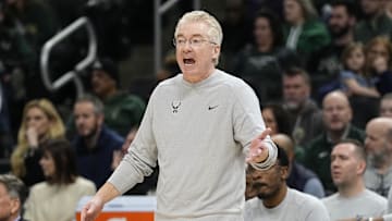 Milwaukee Bucks interim head coach Joe Prunty reacts to a call during the fourth quarter against the Cleveland Cavaliers at Fiserv Forum on January 26, 2024.