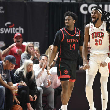 Mar 5, 2024; Las Vegas, Nevada, USA; UNLV Rebels forward Keylan Boone (20) reacts to a play against the San Diego State Aztecs in the first half at Thomas & Mack Center. Mandatory Credit: Candice Ward-USA TODAY Sports