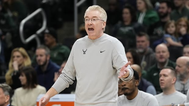 Milwaukee Bucks interim head coach Joe Prunty reacts to a call a game against the Cleveland Cavaliers last season.