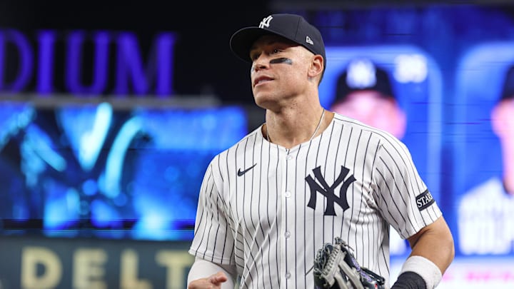 May 2, 2025; Bronx, New York, USA; New York Yankees right fielder Aaron Judge (99) runs in from the field after the top of the eighth inning against the Tampa Bay Rays at Yankee Stadium. Mandatory Credit: Vincent Carchietta-Imagn Images