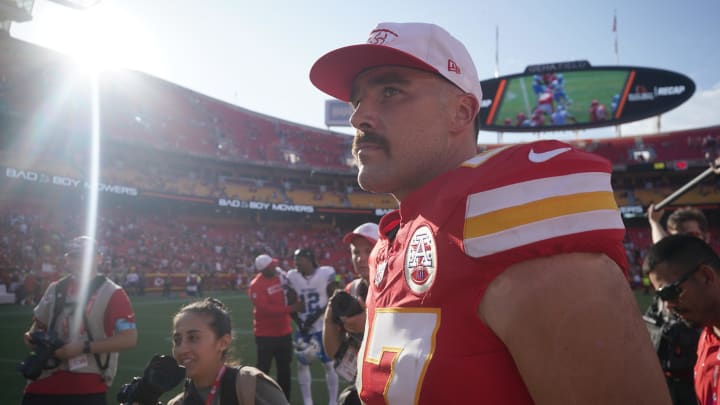 Aug 17, 2024; Kansas City, Missouri, USA; Kansas City Chiefs tight end Travis Kelce (87) on field after the game against the Detroit Lions at GEHA Field at Arrowhead Stadium. Mandatory Credit: Denny Medley-USA TODAY Sports