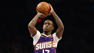 Nov 29, 2025; Phoenix, Arizona, USA; Phoenix Suns guard Jamaree Bouyea (17) against the Denver Nuggets in the first half at the Mortgage Matchup Center. Mandatory Credit: Mark J. Rebilas-Imagn Images