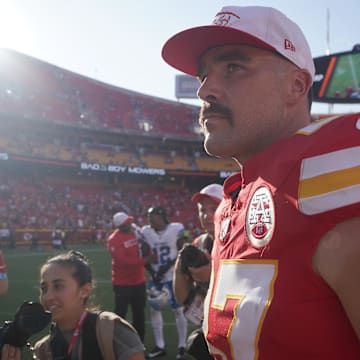 Aug 17, 2024; Kansas City, Missouri, USA; Kansas City Chiefs tight end Travis Kelce (87) on field after the game against the Detroit Lions at GEHA Field at Arrowhead Stadium. Mandatory Credit: Denny Medley-USA TODAY Sports