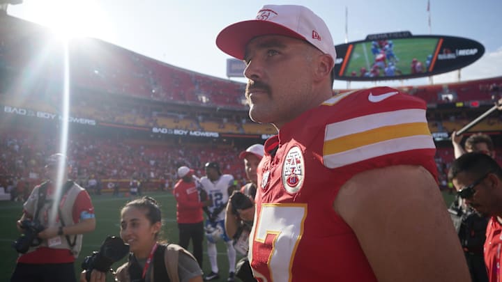 Aug 17, 2024; Kansas City, Missouri, USA; Kansas City Chiefs tight end Travis Kelce (87) on field after the game against the Detroit Lions at GEHA Field at Arrowhead Stadium. Mandatory Credit: Denny Medley-USA TODAY Sports